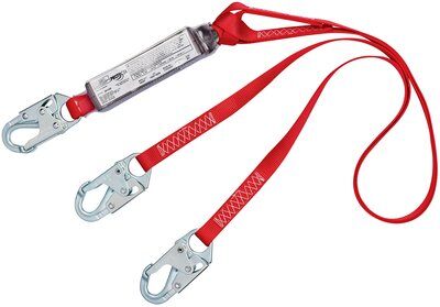 6ft. Twin-leg Shock Absorbing Lanyard - Center snap hook with rebar hooks at leg ends - 100% tie-off fall protection lanyard - Red abrasion resistant polyester webbing - PVC-coated shock pack energy absorber - Impact indicator - 3M PROTECTA 1342001 image 0