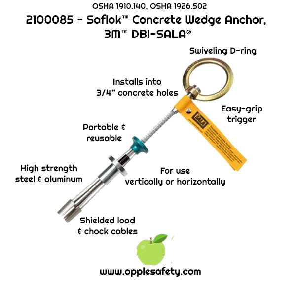 Concrete Wedge Anchor - Installs into 3/4 in. (19mm) hole - Easy grip trigger - Quick release plug - Shielded release cables - 360-degree swiveling D-ring - 3M DBI-SALA 2100085 image 2