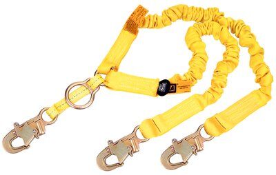 6ft. Twin-leg Shock Absorbing Rescue Lanyard - Steel snap hook at center and legs - Elastic yellow fall protection lanyard - 100% tie-off lanyard - Integrated D-ring for SRL attachment or rescue - Non-metal energy absorber - 3M DBI-SALA ShockWave2 1244455 image 0