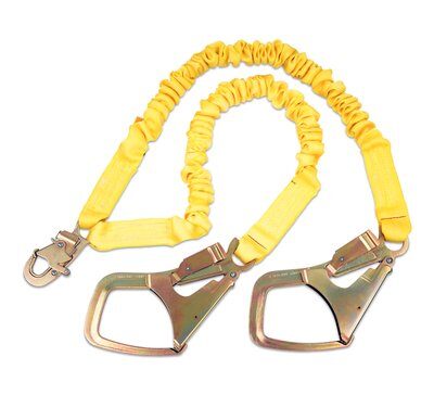 6ft. Twin-leg Shock Absorbing Lanyard - Steel snap hook and tower hooks at leg ends - Elastic yellow fall protection lanyard - 100% tie-off lanyard - Non-metal energy absorber - 3M DBI-SALA ShockWave2 1244448 image 0