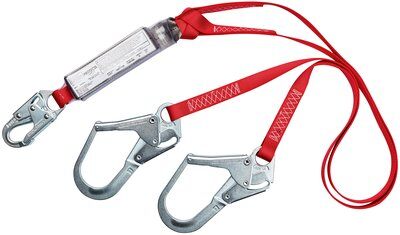 6ft. Twin-leg Shock Absorbing Lanyard - Center snap hook and rebar hooks at leg ends - 100% tie-off fall protection lanyard - Red abrasion resistant polyester webbing - PVC-coated shock pack energy absorber - Impact indicator - 3M PROTECTA 1340180 image 0
