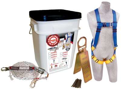 Fall Protection Safety Kit - Compliance in a Can - Roofer's Kit - Includes anchor, harness and connector - OSHA ANSI compliance kit - 3M DBI-SALA - 2199803 Includes: reusable roof anchor, PROTECTA harness, rope adjuster w/ lanyard and 50 ft. lifeline image