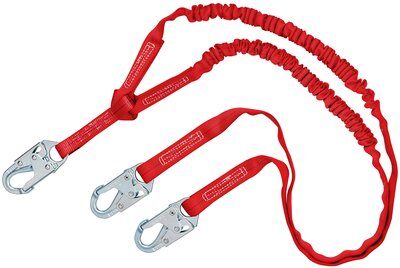 6ft. Twin-leg Shock Absorbing Lanyard - Steel snap hook at center and leg ends - 100% tie-off fall protection lanyard - Energy absorbing stretchy design - Red abrasion resistant polyester webbing - Impact indicator - 3M PROTECTA 1340240 image 0