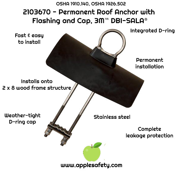 Permanent Roof Anchor - Includes leak-proof flashing to protect roof - Fits up to 2x8 wooden frame - Easy Bolt/Clamp Installation - Stainless steel D-ring  - 3M DBI-SALA 2103670 image 3