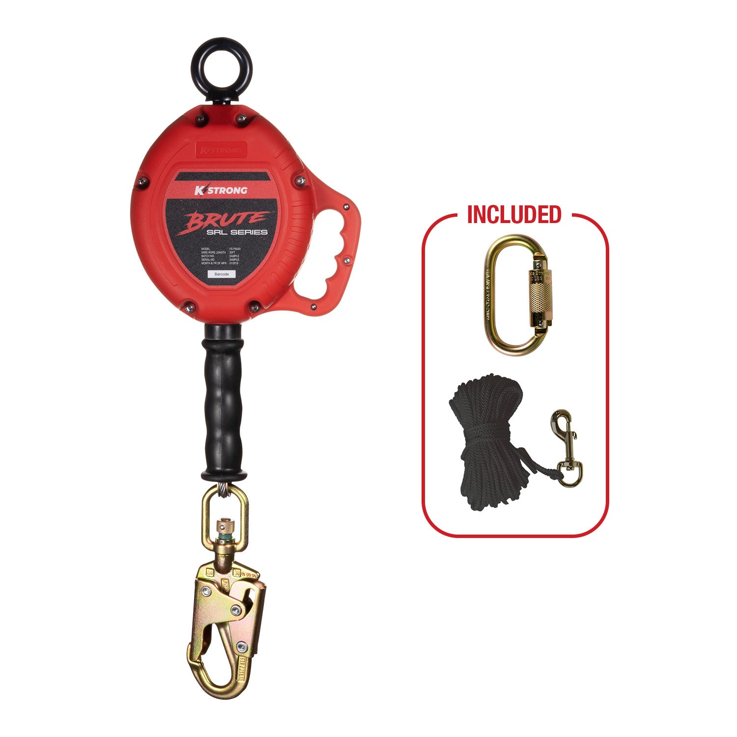 BRUTE 20 ft. Cable SRL with Snap Hook. Includes Installation Carabiner and Tagline (ANSI) - KStrong UFS310020 image 0