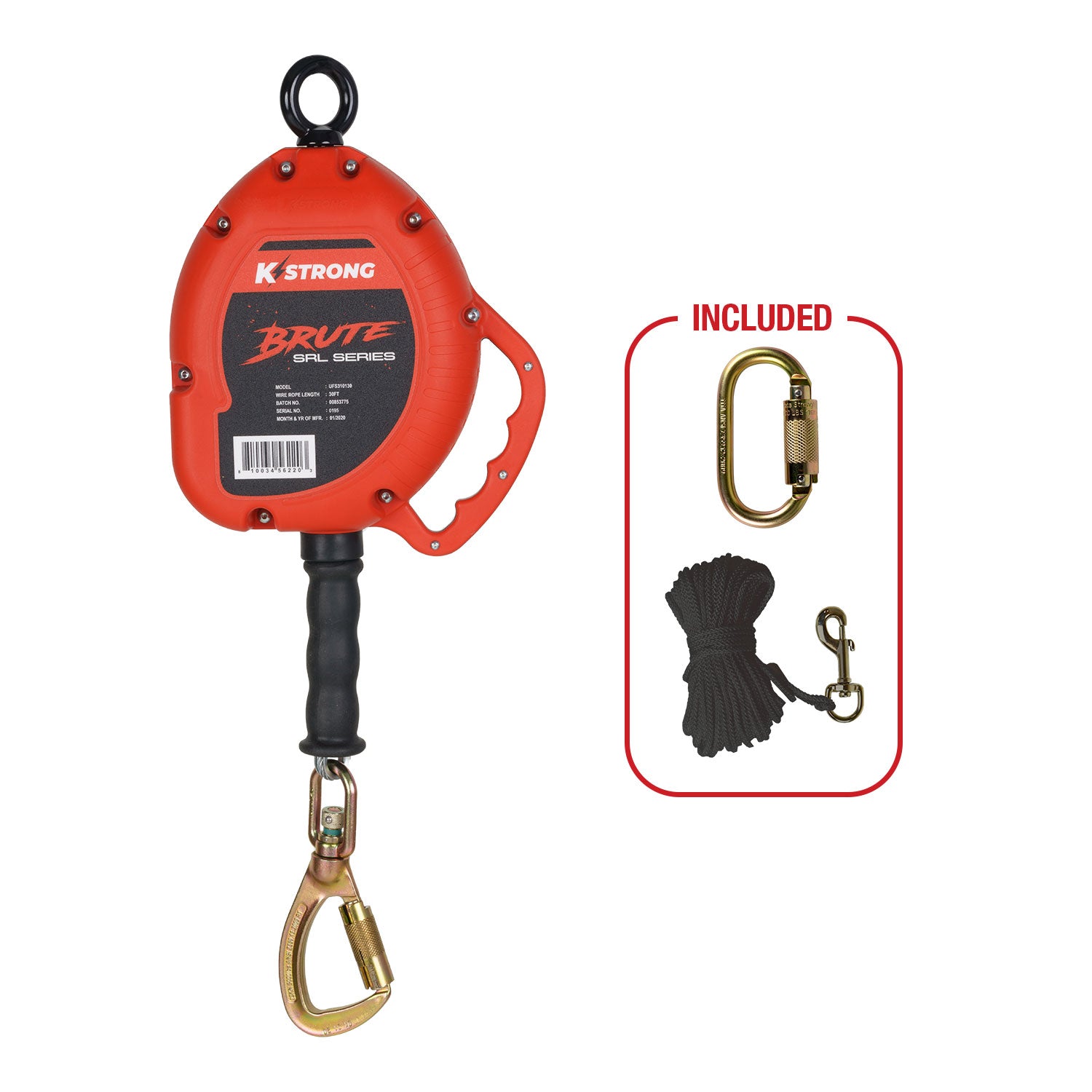 BRUTE 30 ft. Cable SRL with Load Indicating Swivel Locking Carabiner w/ Galvanized Steel Wire Rope - KStrongUFS310130 image 0