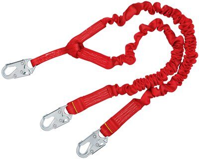 6ft. Twin-leg Shock Absorbing Lanyard - Steel snap hook at center and leg ends - 100% tie-off fall protection lanyard - Energy absorbing stretchy design - Red abrasion resistant polyester webbing - Impact indicator - 3M PROTECTA 1340141 image 0