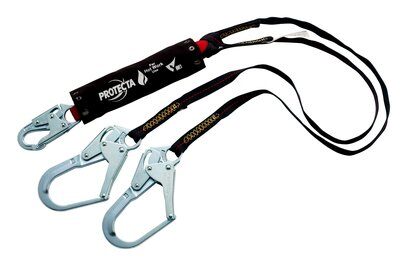 6ft. Fire Resistant Twin-leg Shock Absorbing Lanyard - Steel snap hook at center and rebar hooks at leg ends - 100% tie-off fall protection lanyard - Fire resistant Kevlar webbing - PVC shock pack with Kevlar cover - Impact indicator - 3M PROTECTA 1340185 image 0