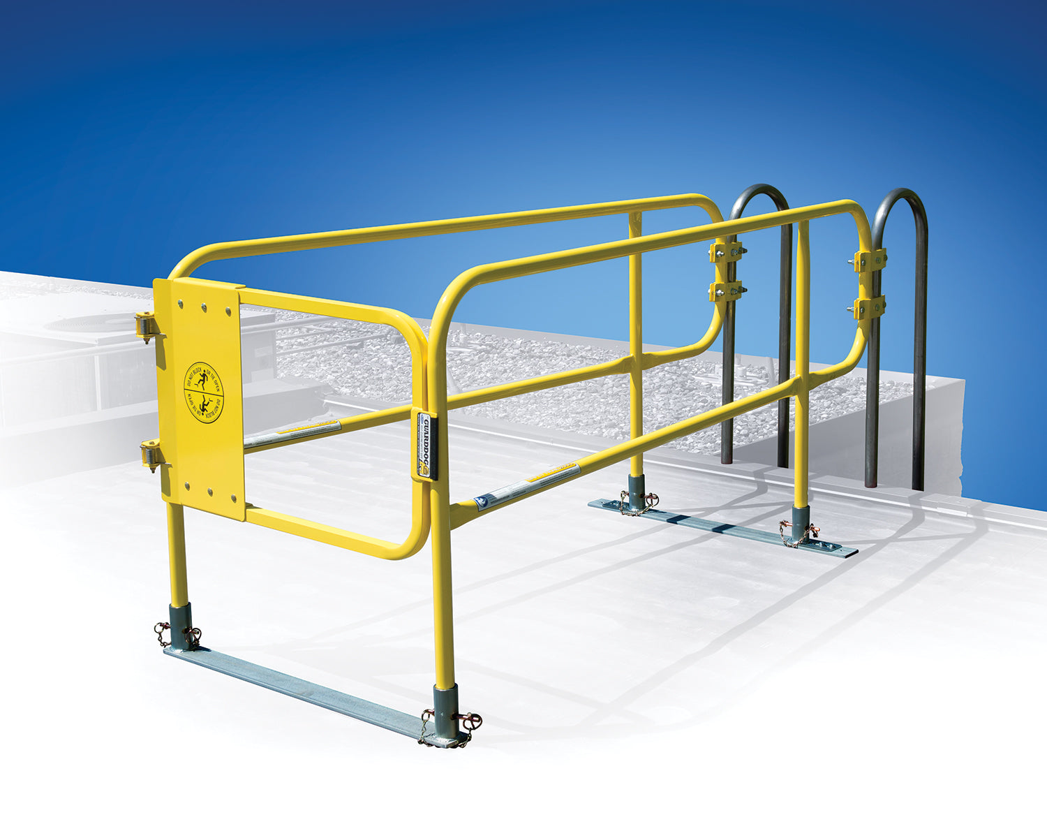 Ladder Defender - Non penetrating permanent ladder access system - Safer transition from ladder to roof top - OSHA compliant - Passive fall safety access - BlueWater MFG image 0