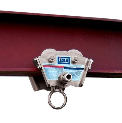 Beam Trolley - Installs onto I-beam flange up to 11/16 in. thick - Easy adjustment dials - Rotating D-ring tie-off point - Hands-free horizontal mobility - 3M DBI-SALA 2103143 2103147 - Stainless Steel image