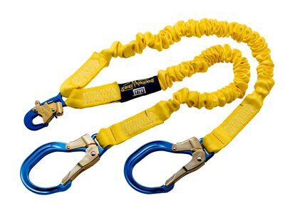 6ft. Twin-leg shock absorbing lanyard - Aluminum snap hook and rebar hooks at leg ends - Elastic yellow fall protection lanyard - 100% tie-off lanyard - Non-metal energy absorber - 3M DBI-SALA ShockWave2 1244409 image 0