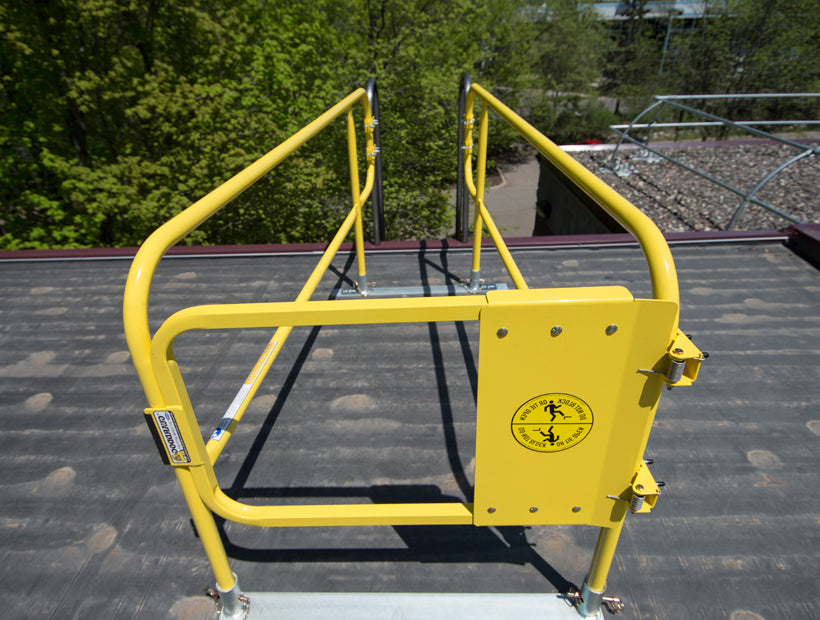 Ladder Defender - Non penetrating permanent ladder access system - Safer transition from ladder to roof top - OSHA compliant - Passive fall safety access - BlueWater MFG