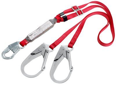6ft. Twin-leg Shock Absorbing Lanyard - Center snap hook with rebar hooks at leg ends - 100% tie-off fall protection lanyard - Adjustable length lanyard - PVC-coated shock pack energy absorber - Impact indicator - 3M PROTECTA 1342275 image 0