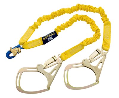 6ft. Twin-leg shock absorbing lanyard - Aluminum snap hook and tower hooks at leg ends - Elastic yellow fall protection lanyard - 100% tie-off lanyard - Non-metal energy absorber - 3M DBI-SALA ShockWave2 1244416 image 0