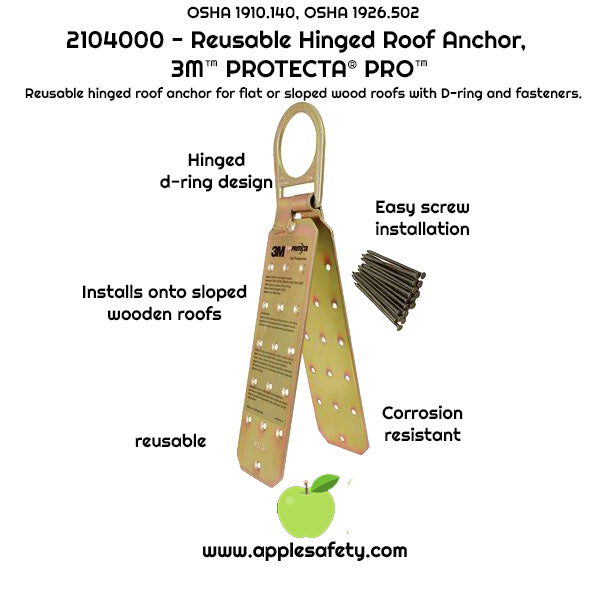 Reusable Roof Anchor - For sloped or flat wooden roofs - Fast and easy nail installation - Hinged design with D-ring - Nails included - 3M PROTECTA 2104000 image 1
