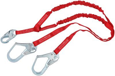 6ft. Twin-leg Shock Absorbing Lanyard - Steel snap hook at center and leg ends - 100% tie-off fall protection lanyard - Energy absorbing stretchy design - Red abrasion resistant polyester webbing - Impact indicator - 3M PROTECTA 1340250 image 0