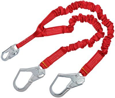6ft. Twin-leg Shock Absorbing Lanyard - Center snap hook and rebar hooks at leg ends - 100% tie-off fall protection lanyard - Energy absorbing stretchy design - Red abrasion resistant polyester webbing - Impact indicator - 3M PROTECTA 1340161 image 0