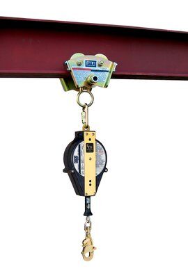 Beam Trolley - Installs onto I-beam flange up to 11/16 in. thick - Easy adjustment dials - Rotating D-ring tie-off point - Hands-free horizontal mobility - 3M DBI-SALA 2103143 2103147 image 1