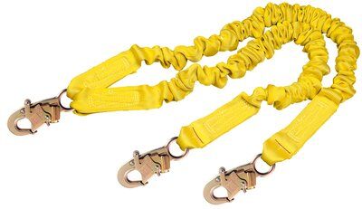 6ft. Twin-leg Shock Absorbing Lanyard - Steel snap hook and rebar hooks at leg ends - Elastic yellow fall protection lanyard - 100% tie-off lanyard - Non-metal energy absorber - 3M DBI-SALA ShockWave2 1244406 image 0