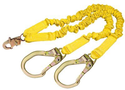 6ft. Twin-leg Shock Absorbing Lanyard - Steel snap hook and rebar hooks at leg ends - Elastic yellow fall protection lanyard - 100% tie-off lanyard - Non-metal energy absorber - 3M DBI-SALA ShockWave2 1244412 image 0