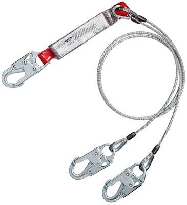 6ft. Twin-leg Shock Absorbing Cable Lanyard - Steel snap hook at center and at leg ends - 6.3mm vinyl covered cable - 100% tie-off fall protection lanyard - PVC-coated non-metal energy absorber - Impact indicator - 3M PROTECTA 1340451 image 0