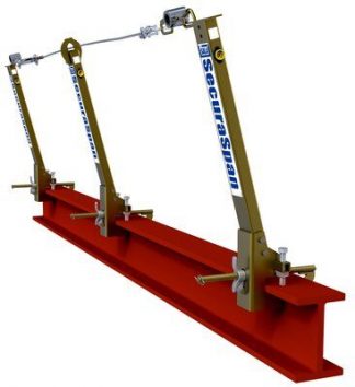cable horizontal lifeline system for I-beams, fits 6 in. to 12 in. wide (15.2-30.5 cm) up to 2-1/4 in thick (5.7 cm) I-beam flanges, includes two stanchions and lifeline assembly.