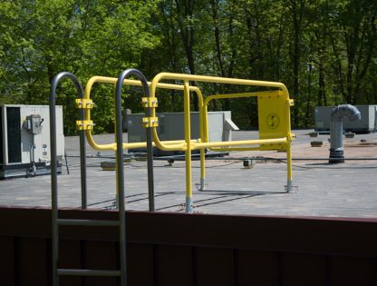 The gate should be mounted on the rail sections farthest from the ladder, creating a safe environment at the ladder (no obstruction) reducing the possibility of the gate closing on a hand.